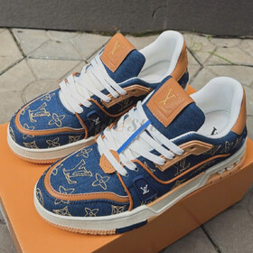 LV Trainer Monogram-Embroidered Denim With Brown Leather